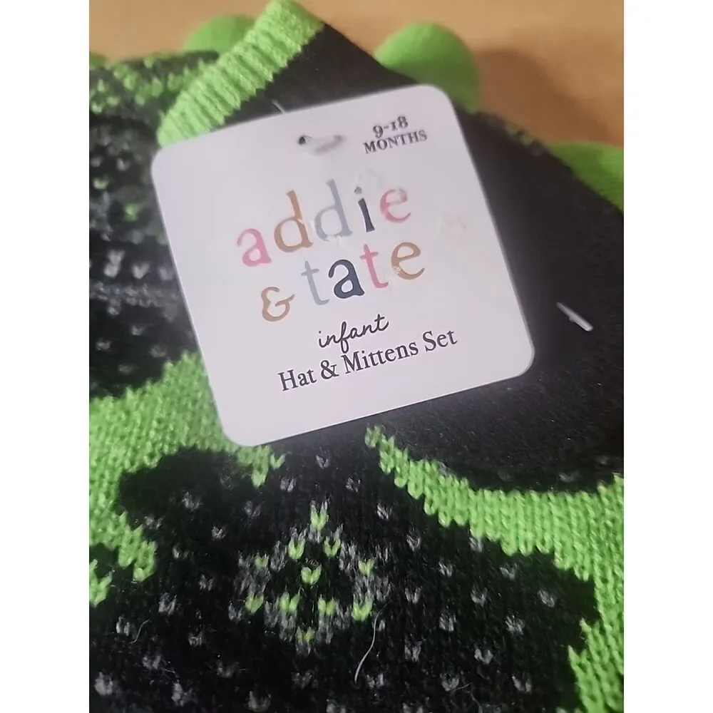 Addie & Tate Baby Boy Size 9-18 months Black & Green Dinosaur Hat & Mittens Set